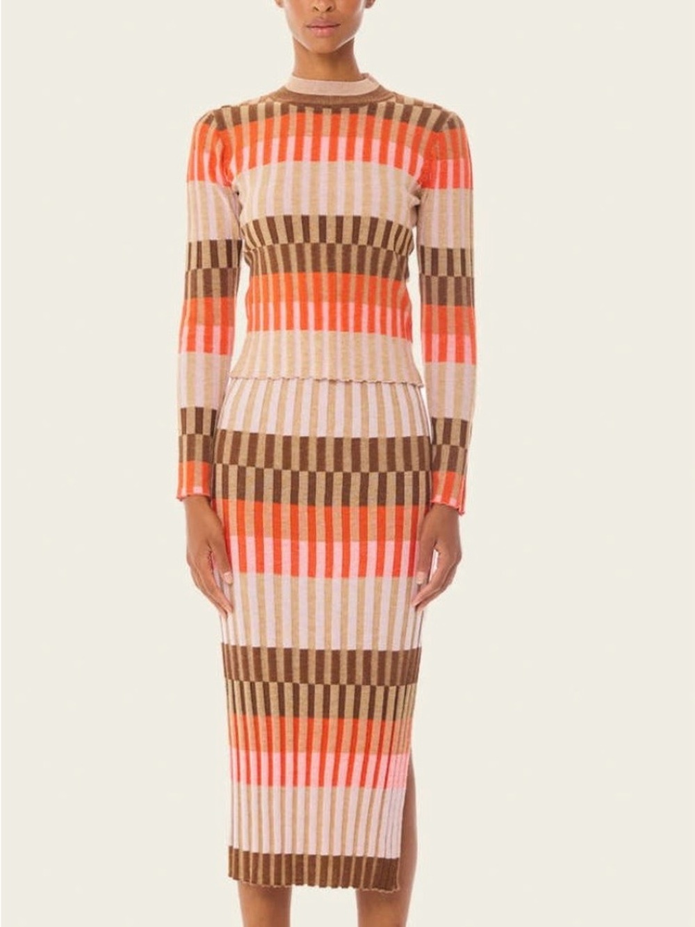 Striped Long-Sleeve Rib Knit Top in Brown & Coral